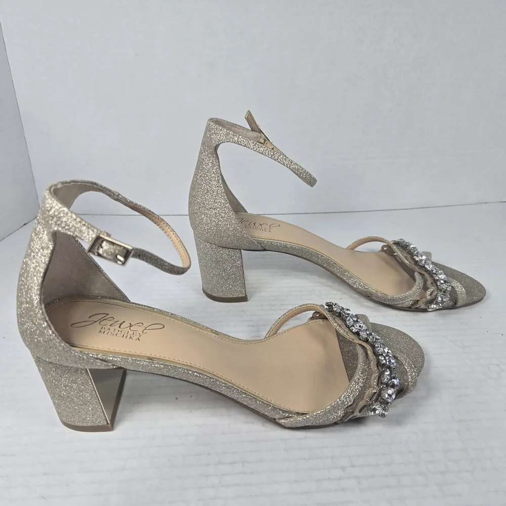 Jewel Badgley Mischka Giona Gold Jeweled Ankle Strap Block Heels Size 8 - Picture 5 of 15
